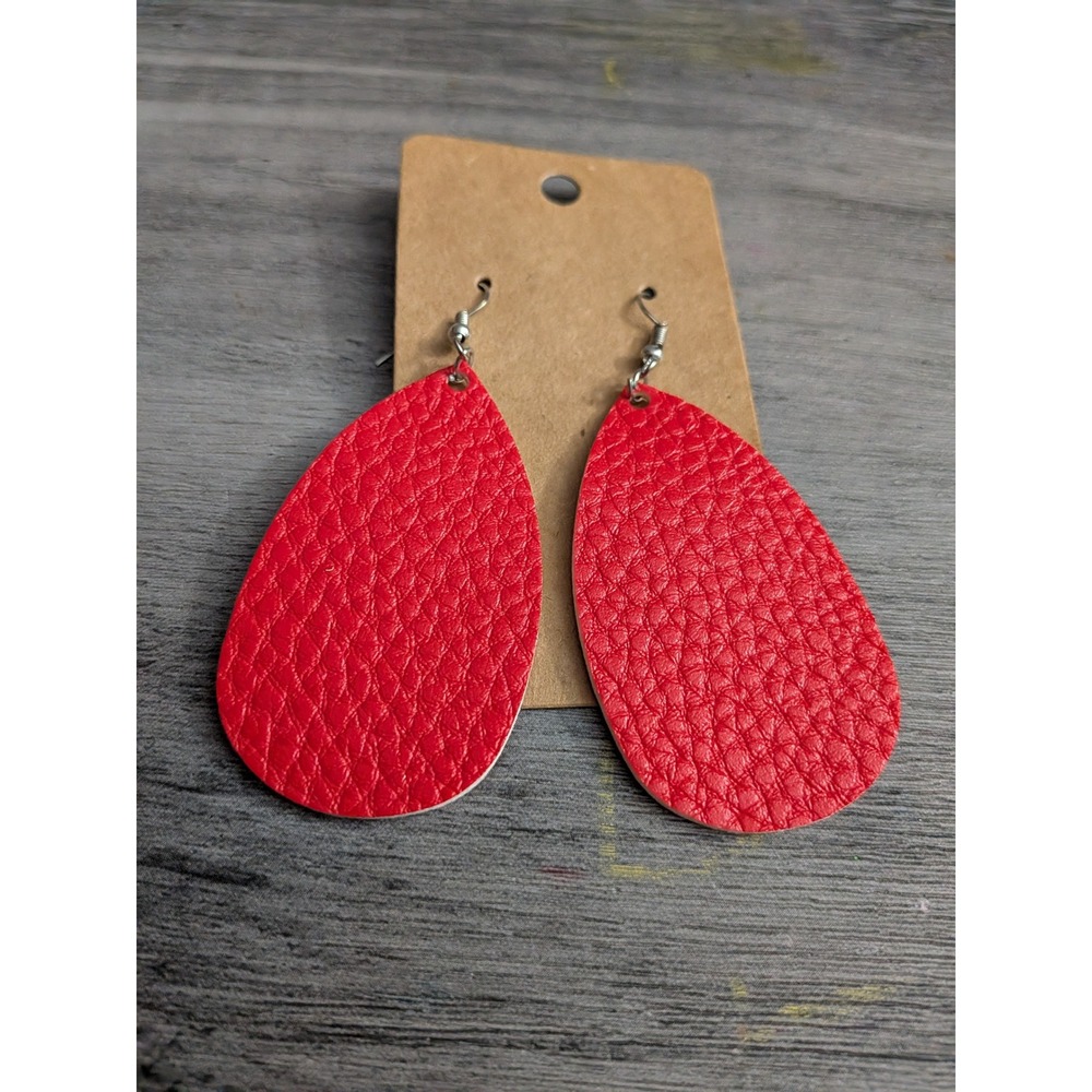 Red Faux Leather Teardrop Dangle Earrings Textured Vegan Statement Jewelry